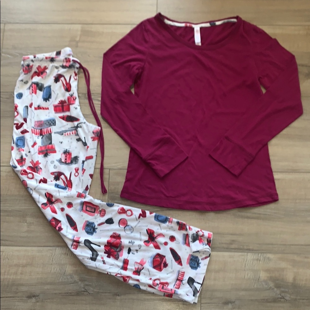 Gilligan & OMalley Wine Color Long Sleeve Top and Festive Pajama Pants Set